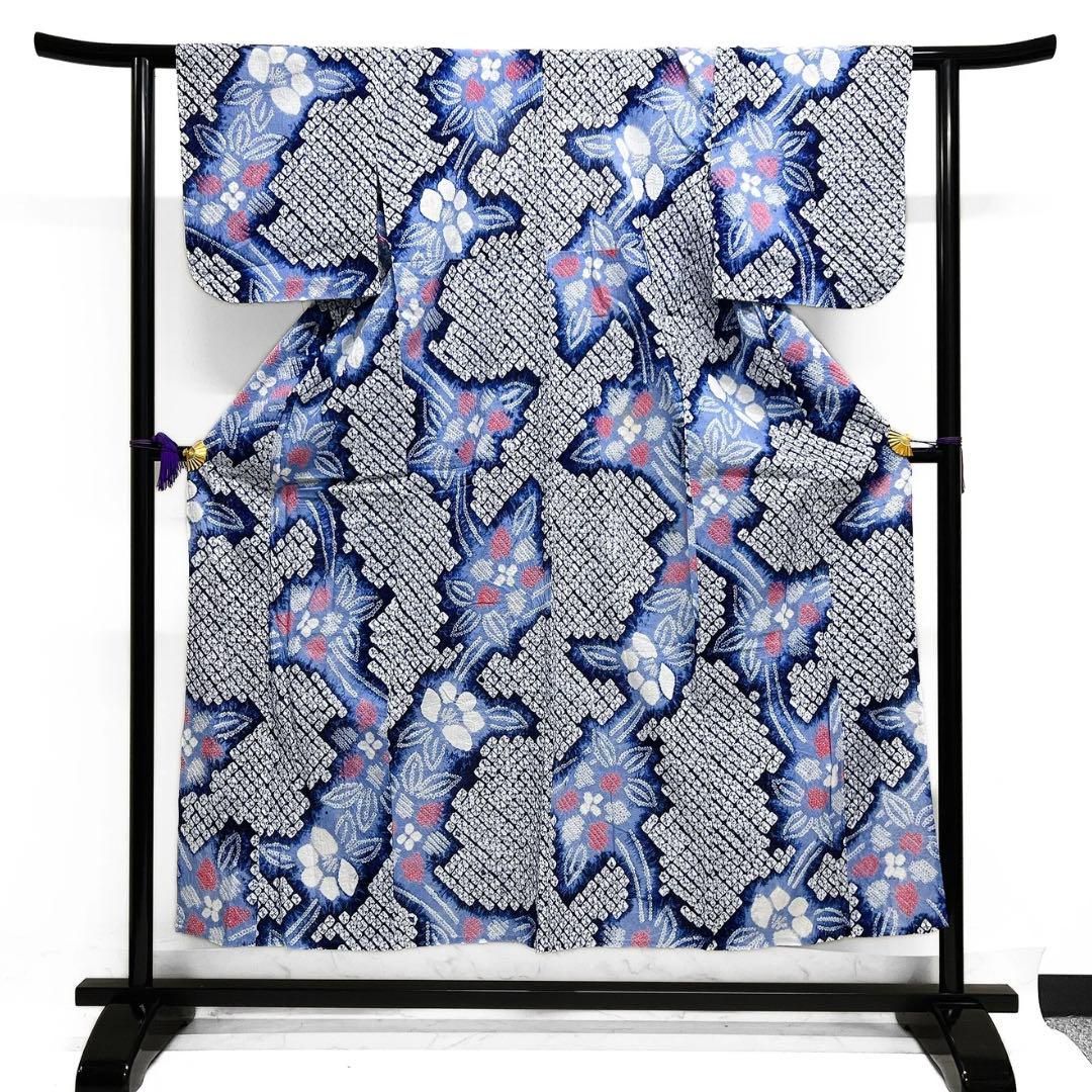 浴衣 有松鳴海絞り 花模様 流線 鹿の子 グラデーション 着物 034a d