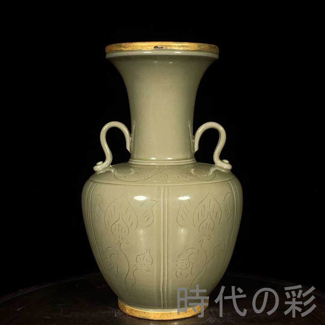 中国古美術 唐代 越窯 金 包口 刻花卉紋 双系瓶 花瓶 文房置物 茶道具 秘色釉 古陶磁器 旧蔵 古賞物 古玩 時代物 R0710110127