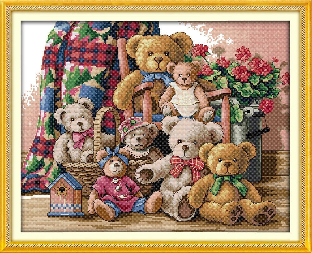 Joy Sunday クロスステッチキット 11CT スタンプ付き フルレンジ刺繍スターターキット 初心者向け プレプリント柄 ベアファミリー