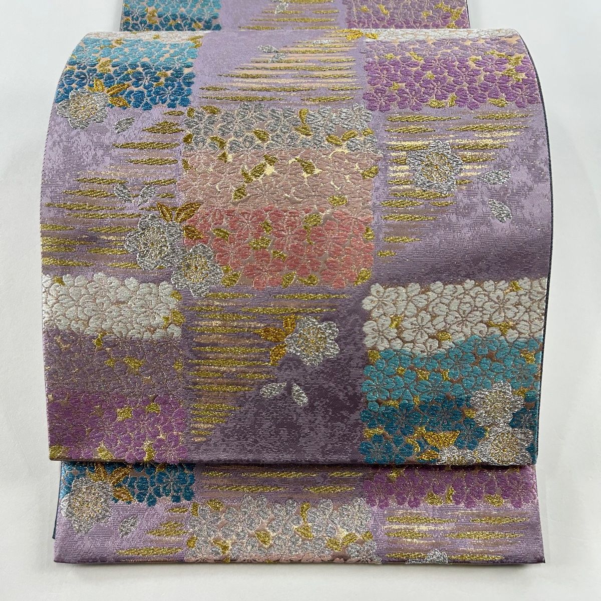袋帯 美品 秀品 市松 桜 金銀糸 箔 薄紫 六通 正絹 【中古