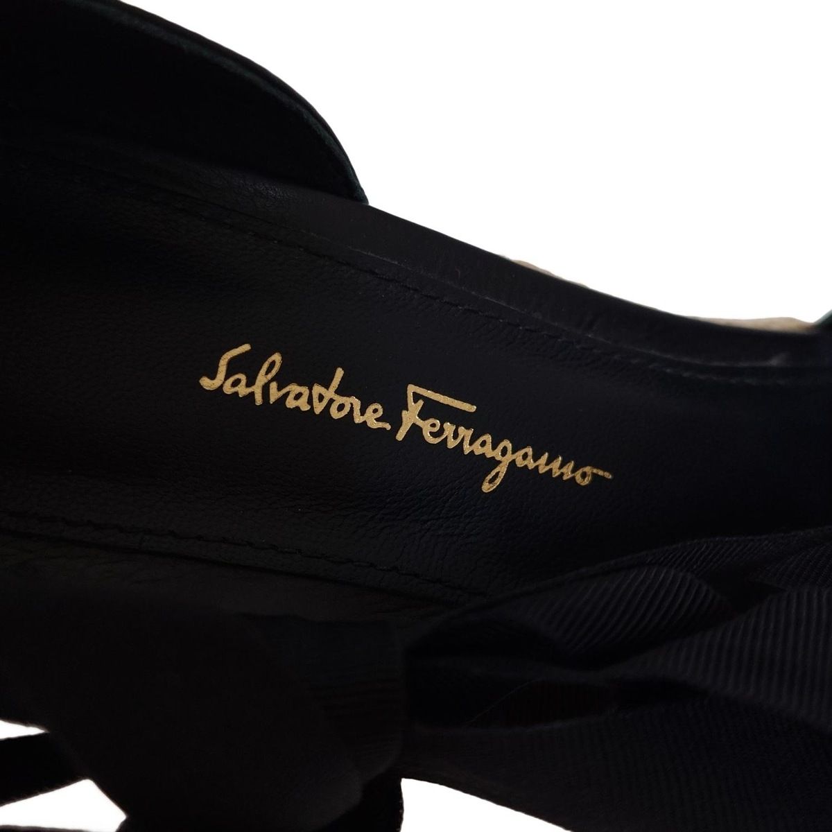 サルバトーレフェラガモ サンダル 5 1|2 C レディース エスパドリーユ ウェッジ 黒 ヴァラ|リボン|バレリーナ リネン レザー KIN-KAAI_COM