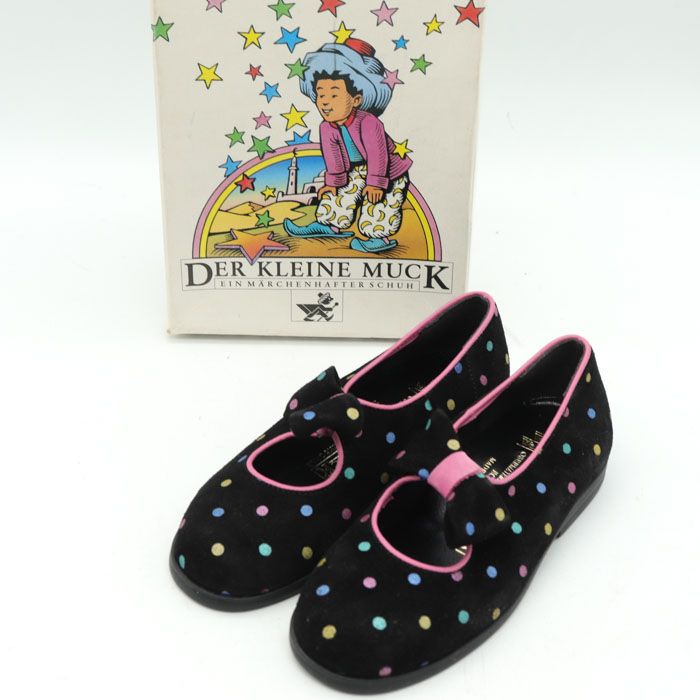 ドイツ製 スエードレザーシューズ 小さなムックの物語 未使用 リボン/ドット 子供靴 キッズ 女の子用 27サイズ ブラック DERKLEINEMUCK