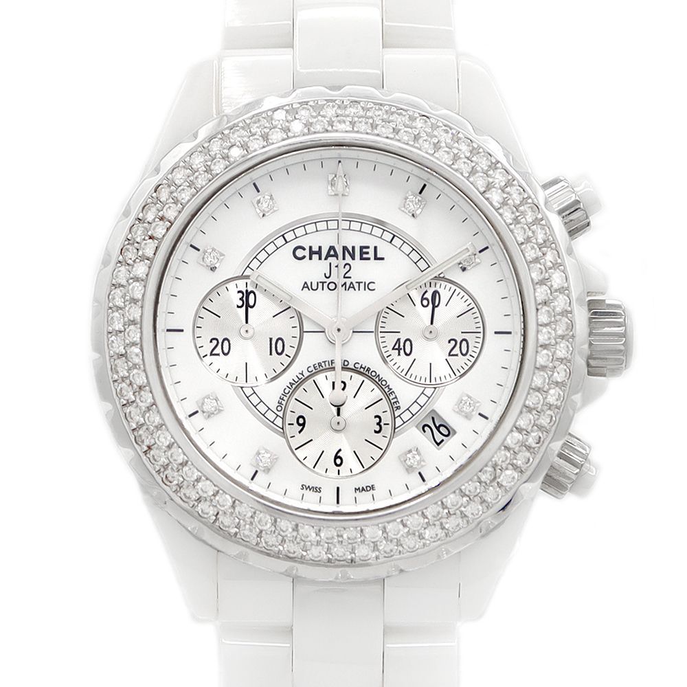 内部点検済 CHANEL シャネル J12 41mm クロノグラフ H2009 デイト 純正9Pダイヤ 2重ダイヤベゼル 白 ホワイト CE  セラミック SS ステンレス アフターダイヤモンド メンズ 自動巻き【6ヶ月保証】【腕時計】【中古】