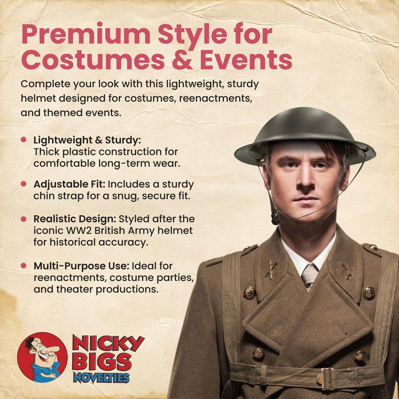 Nicky Bigs Novelties - 大人用 WW2 イギリス陸軍ヘルメット、味方 WW2