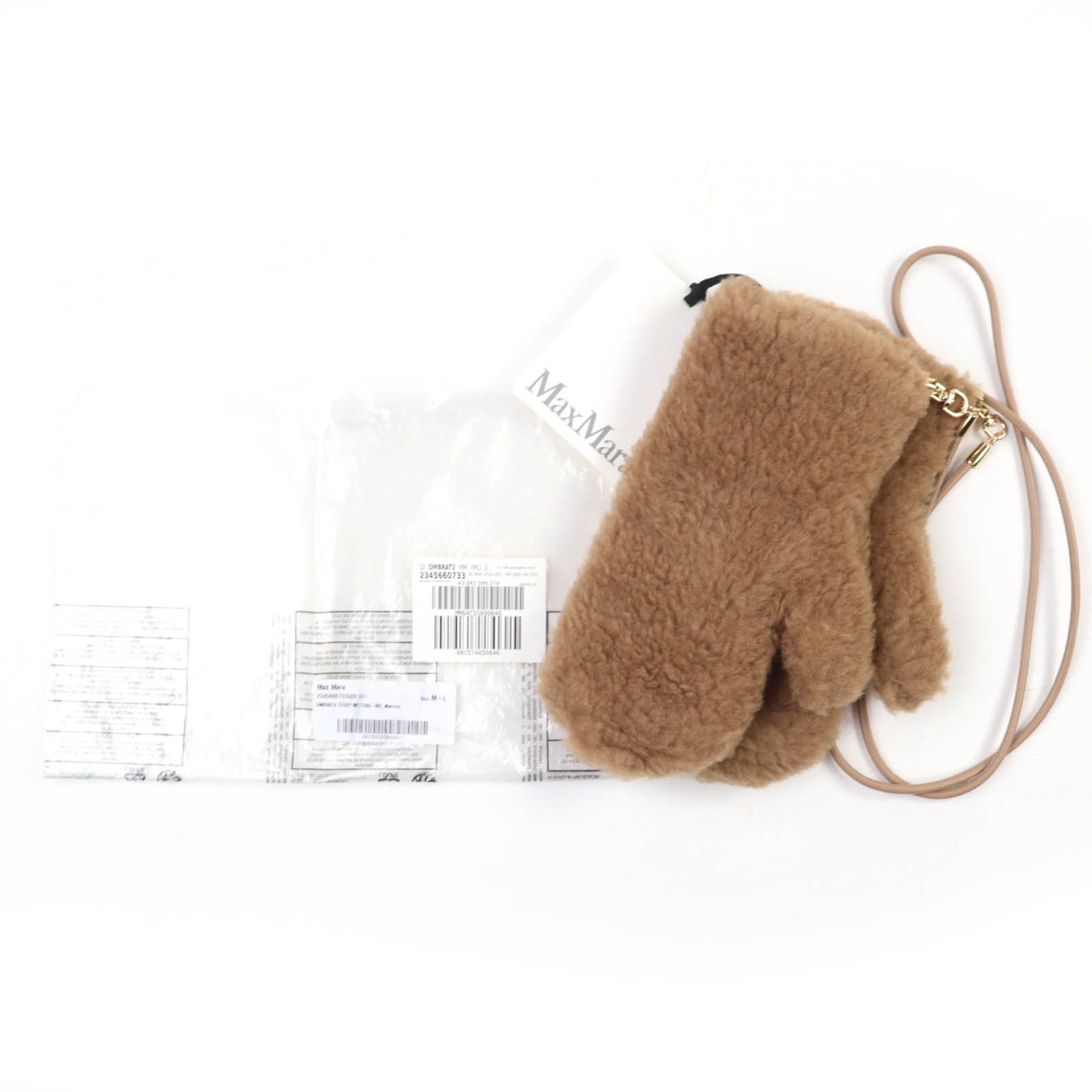 ♥品 Max Mara マックスマーラ 2345660733 テディ ミトン キャメル シルク ストラップ付 手袋 ブラウン ML イタリア製 正規品 レディース