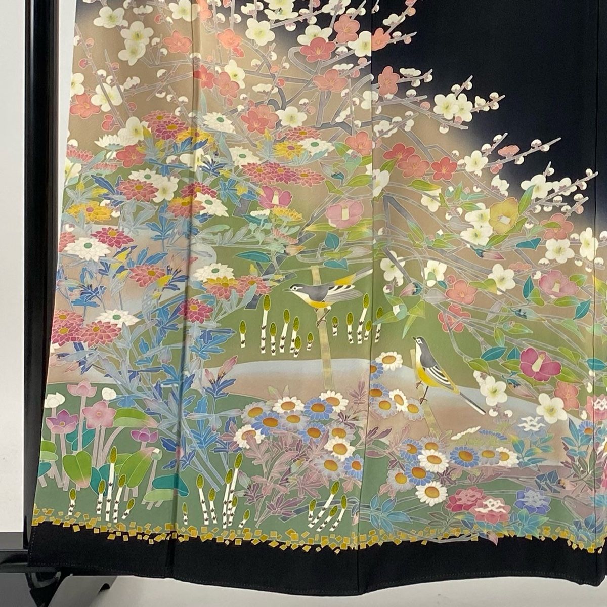 黒留袖 身丈161cm 裄丈63cm S 袷 百貫華峰 落款 枝梅 鳥 黒 正絹