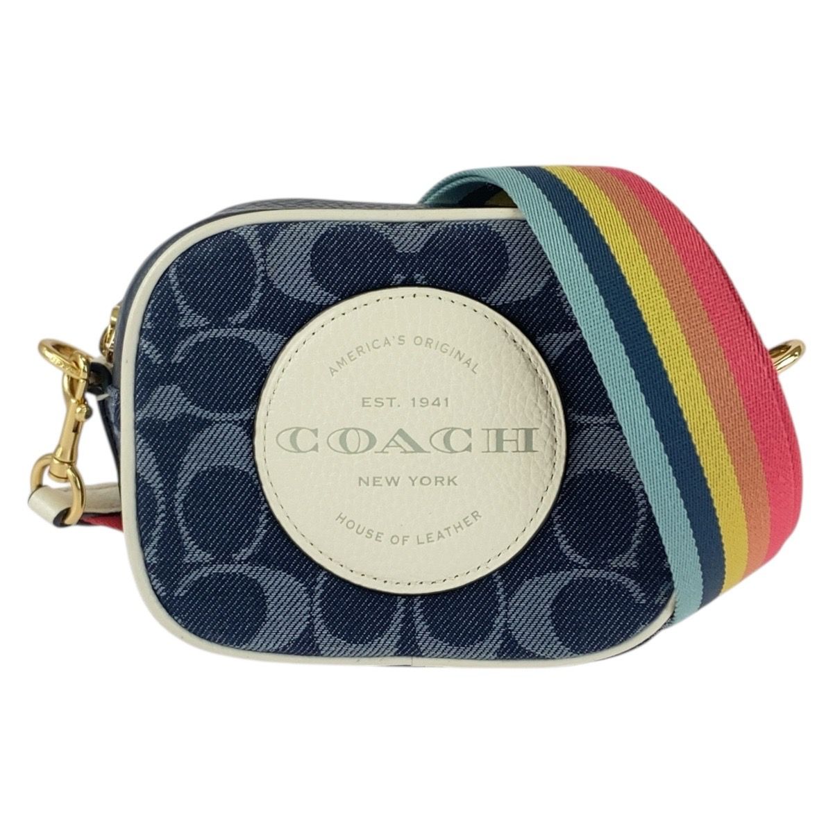 美品 COACH コーチ シグネチャー ネイビー ホワイト ゴールド金具 キャンバス/レザー E2111-C4583 ショルダーバッグ ポシェット 504995【】