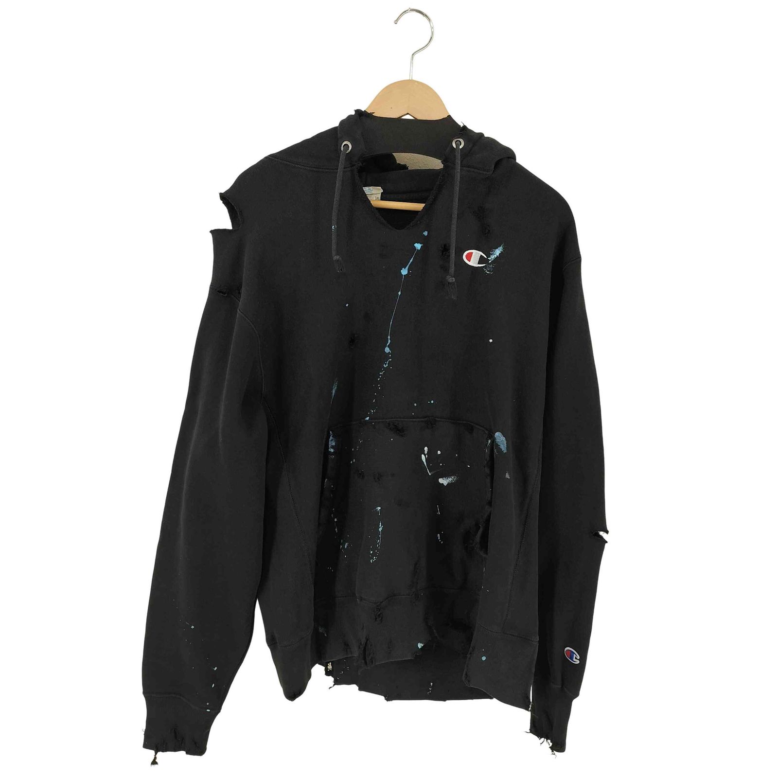 チャンピオン Champion 単色青タグ復刻 REVERSE WEAVE ダメージ x ペイント スウェットフーディ リメイク ブラック メンズ import：L 