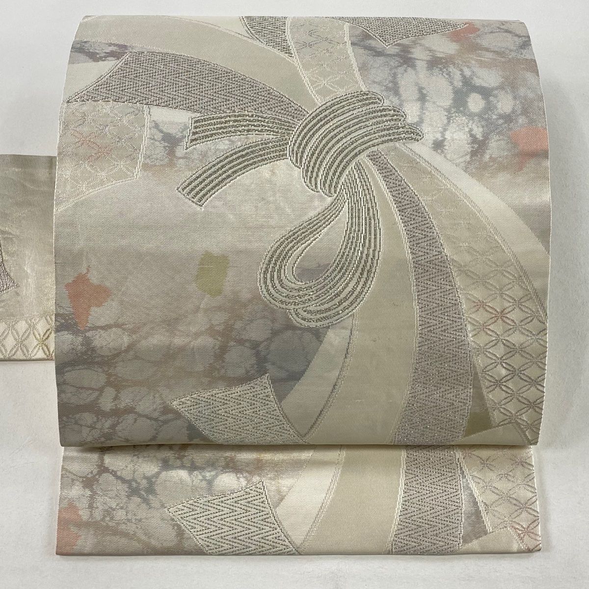 名古屋帯 秀品 束ね熨斗 七宝 銀糸 箔 銀色 正絹