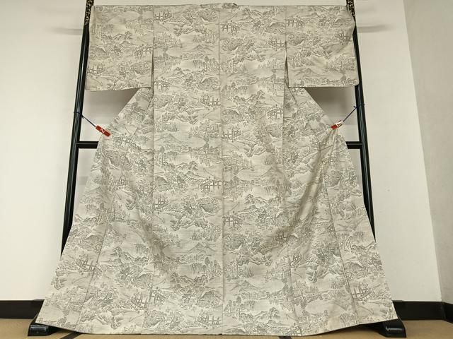 平和屋着物○本場大島紬 白大島 カタス9マルキ 人物風景文 正絹 逸品