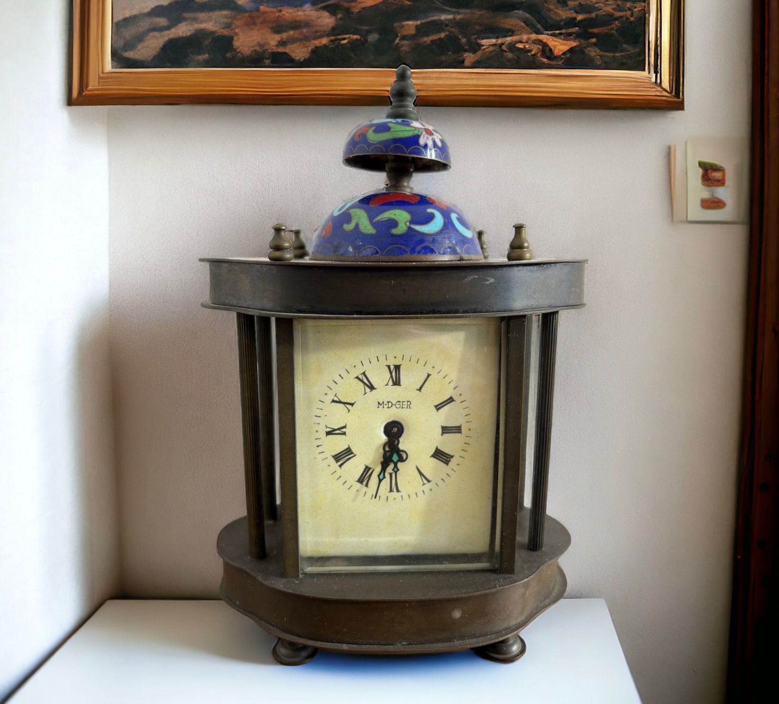 希少品！ドイツ製 七宝 ブロンズ 置き時計 GERMANY 刻印アリ 手巻き可動品 豪華 機械時計 時代物 レトロ アンティーク 置物 L247545