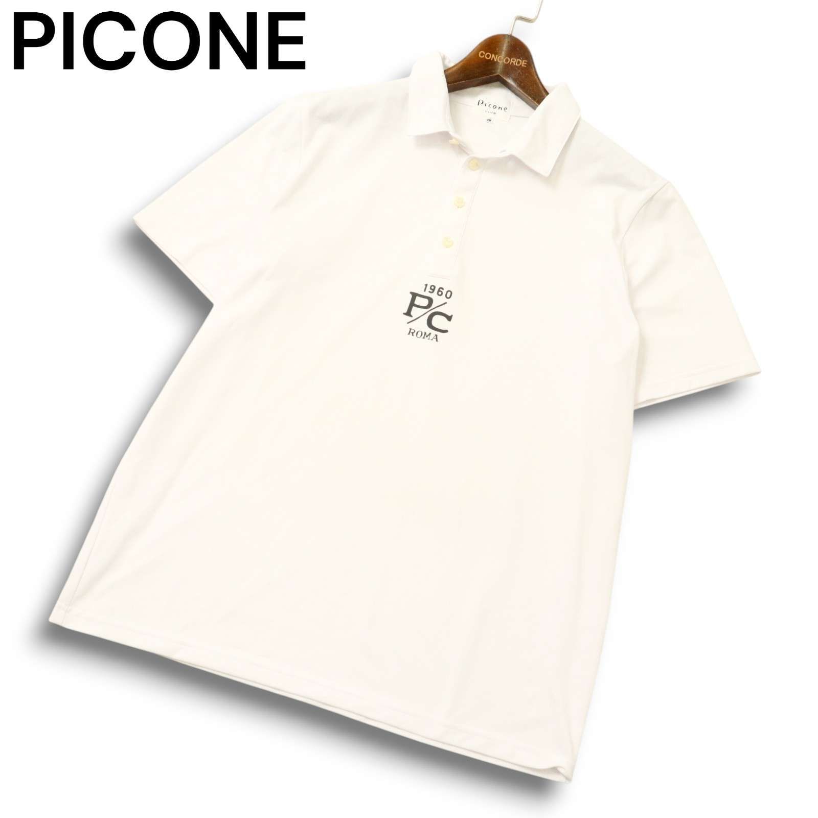 coco 中古 ピッコーネクラブ PICONE CLUB レディース 半袖ポロシャツ 1(M) 白×ピンク ホワイト 総柄 PICONE CLUB ピッコーネ 春夏☆ 半袖 プリント 背面イラスト