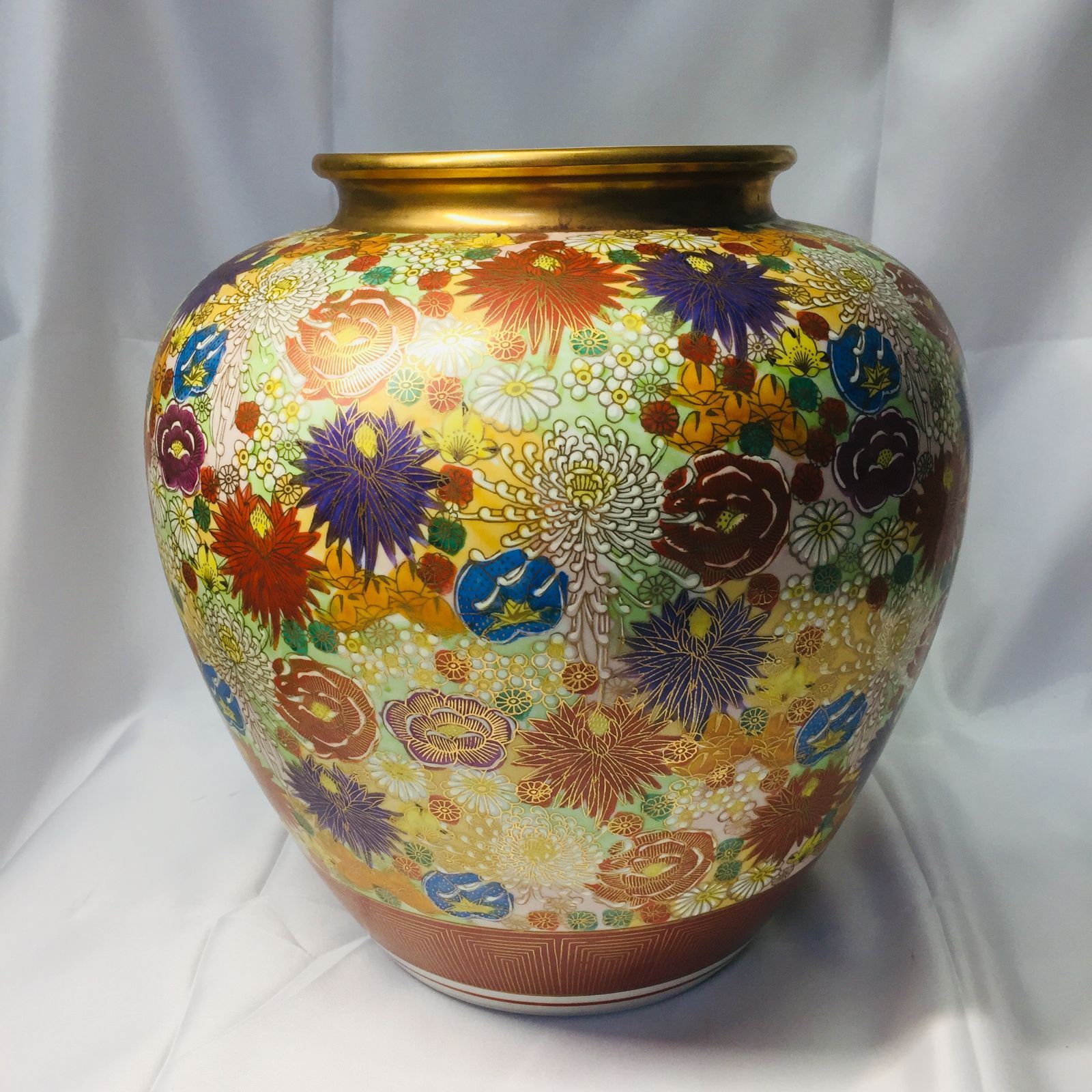 S アンティーク 九谷焼 九条幸仙 色絵金彩花詰文 花器 花瓶 壺 骨董品