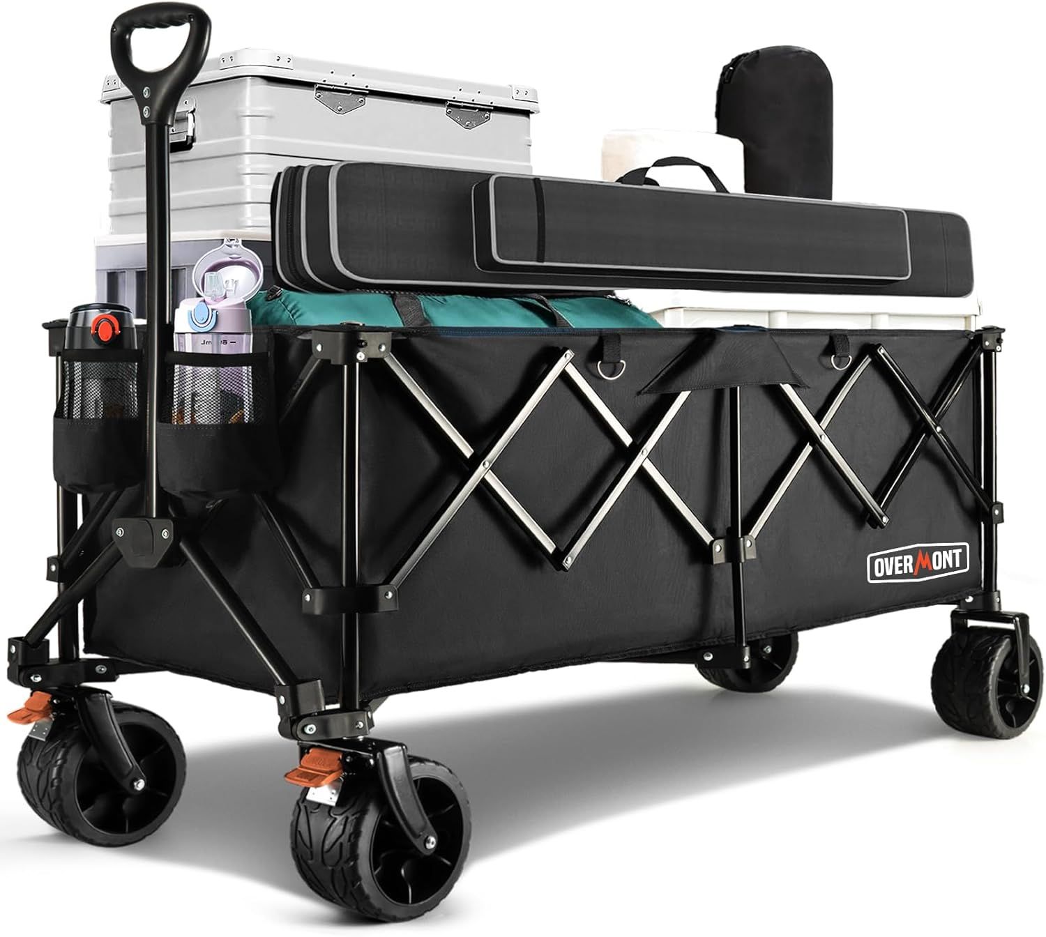Overmont 特大容量300L アウトドアワゴン 耐荷重200kg ベアリング付き 荷室加長 キャリーワゴン キャリーカート キャンプカート 長物対応 大型タイヤ ブレーキ付き 折りたたみ ワンタッチ収束式 