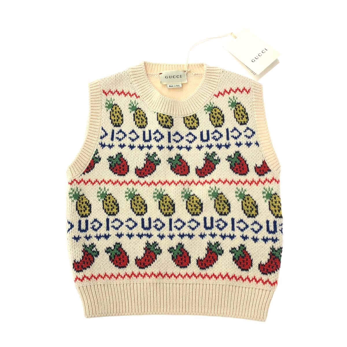 GUCCI グッチ 2019AW フルーツ柄ニットベスト サイズ 4 GWJ577546 ホワイト キッズ イチゴ-パイン 240001100587