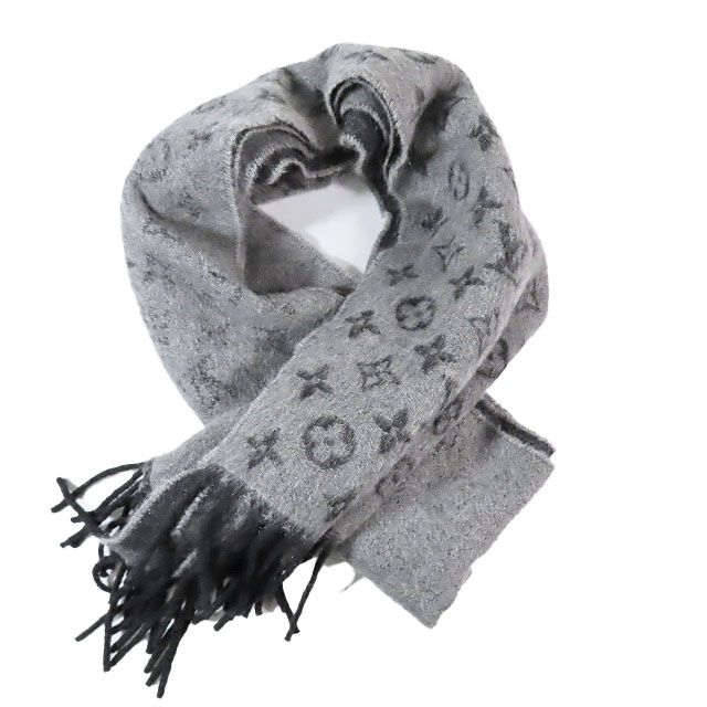 ルイヴィトン LOUIS VUITTON モノグラム グラディエント エシャルプ マフラー M75900 フリンジ バイ カシミヤ ウール グレー メンズ レディース