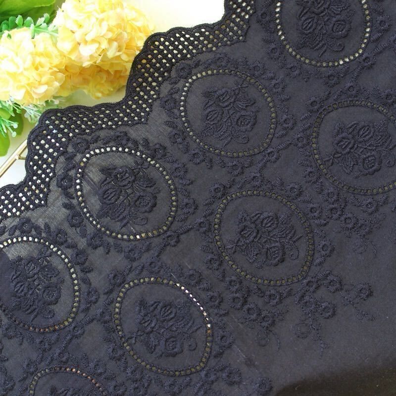25cm*180cm 幅25cm 長さ1.8m 黒 ブラック 花柄 刺繍 コットン レース 