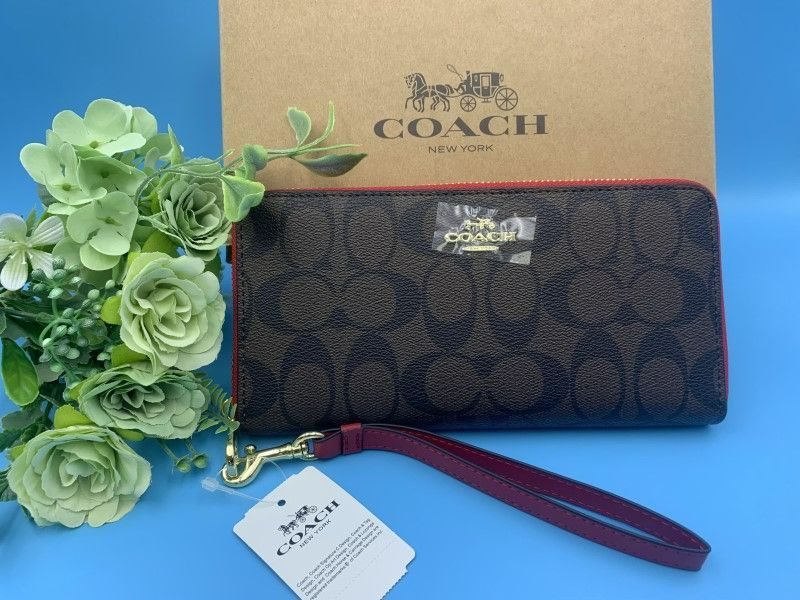 コーチ 長財布 COACH 財布 人気 ブラウン×レッド プレゼント 贈り物 シグネチャー ロング ジップ 新品 未使用 ファッション クリスマスギフト C4452 A154Z-25