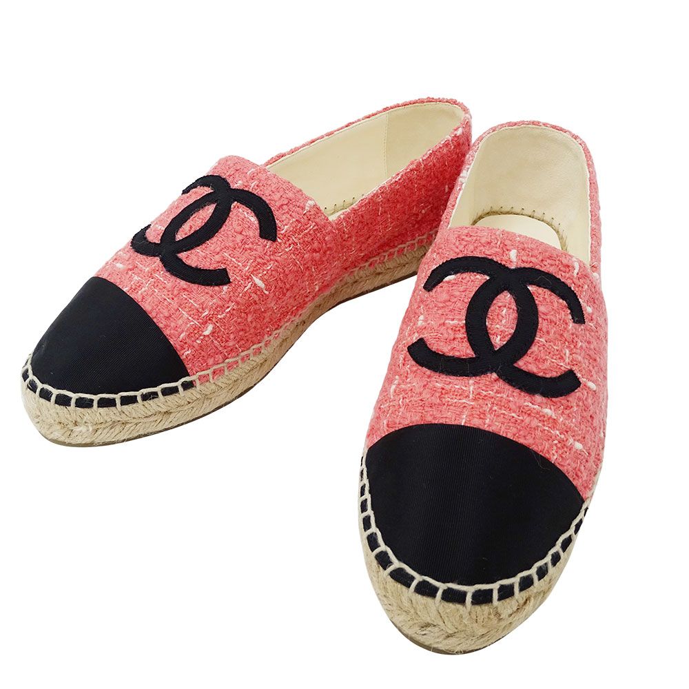 シャネル CHANEL 靴 レディース ブランド ツイード エスパドリーユ ピンク ブラック サイズ40 約26cm 細め ココマーク おしゃれ 毛糸 カジュアル