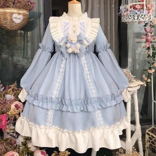 ロリータ ワンピース 秋冬 ブラウン ブルー lolita ワンピース レディース 可愛い 姫様 ロリータ風ワンピ 萌え萌え ゴスロリ 日系女子中高生 クラシカル ゴシック ミディアム丈 ひざ丈 長袖 イ