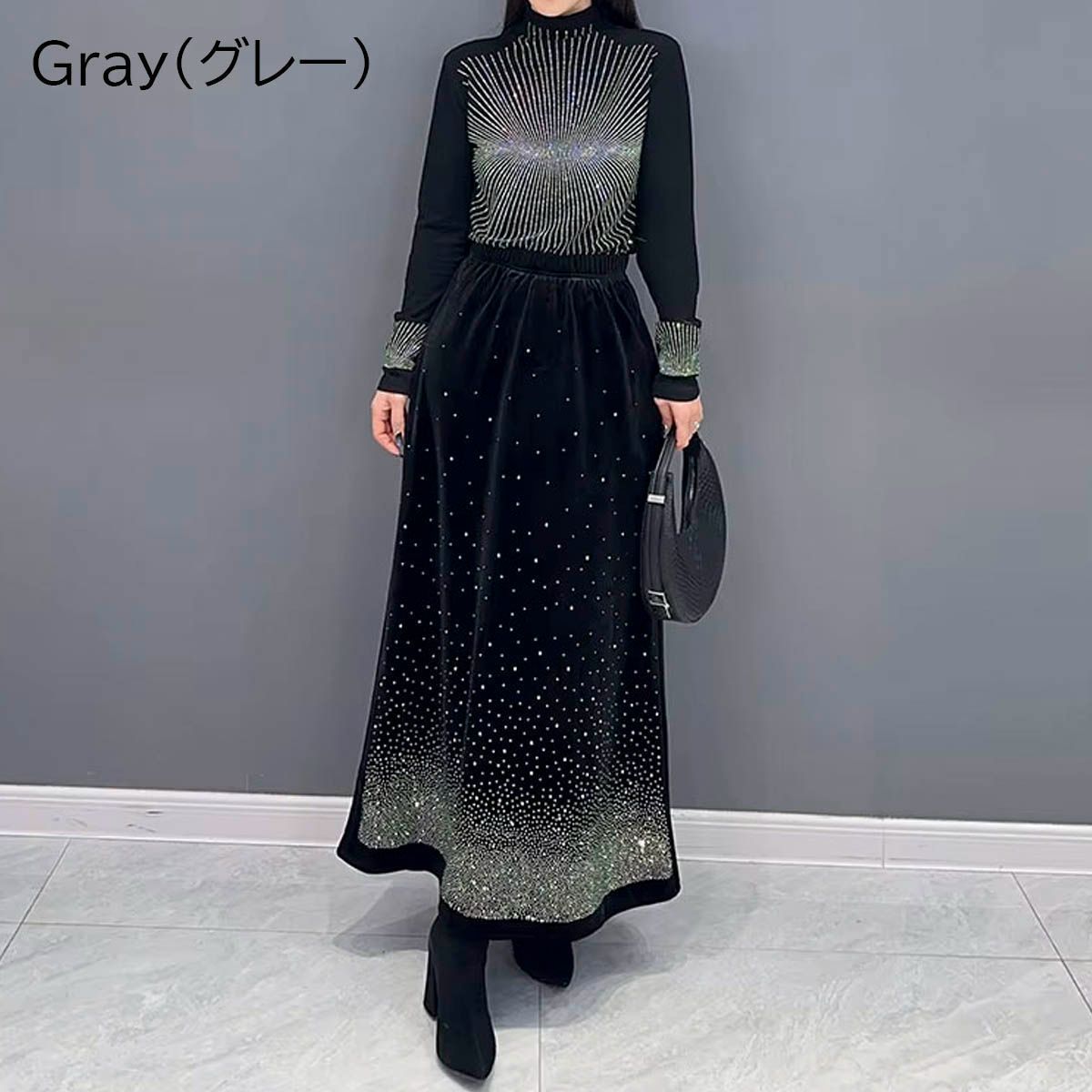 ❤ パーティードレス 結婚式 ワンピース ドレス 親族 大きめ 長袖 ロング丈 ロング フォーマルドレス ツーピースセット 大きいサイズ ブラック ラインストーン 1206