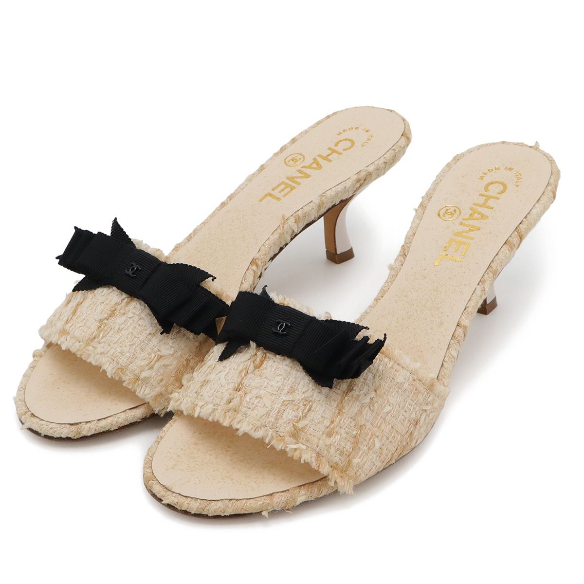 美品 CHANEL シャネル ツイード リボン ココマーク ミュール CHANEL シャネル サンダル、ミュール リボン ココマーク 11A