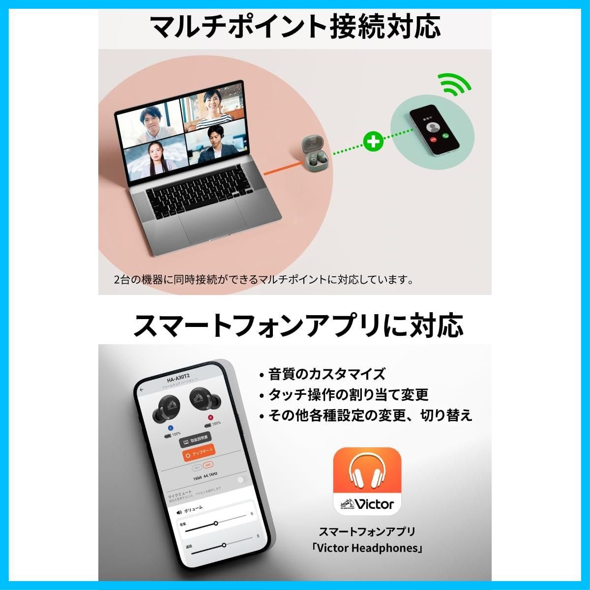 HA-A30T2-G ワイヤレスイヤホン Bluetooth Ver.5.3 Victor ノイズキャンセリング アプリ対応 マルチポイント 合計27時間再生 マイク付き JVCケンウッド 小型 軽量 外音取り込み 防水 グリーン ANARI_COM_TR