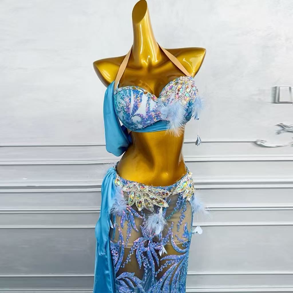 ベリーダンス 衣装 セットアップ ブラベルト 青 黄色 ベリーダンス