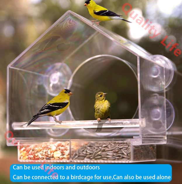  窓用鳥の餌箱 外側透明 PC プラスチック鳥ボックス 20 x 11 cm 吊り下げ吸盤付き 取り外し なトレイと排水穴付き 庭 屋外 裏庭 野生動物 小鳥用 ハウス ケージ アクセサリー