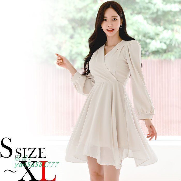 ボリューム長袖カシュクール胸元 ショートフ ワンピース ベージュ 大人 カジュアル 上品 韓国 ファッション 服 yan5a581777