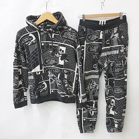 アディダスオリジナルス adidas originals スポーツ 上下セット パーカー 長袖 ジョガーパンツ ロング 総柄 イラスト スウェット リブ 黒 ベージュ ブラック  S M