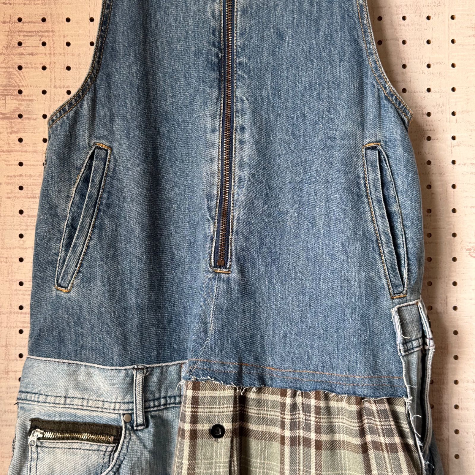 No.016古着リメイクジャンパースカート リメイクデニム チェック柄 