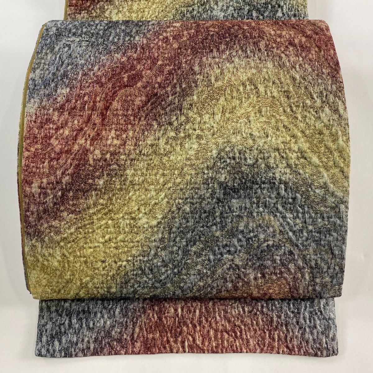 袋帯 秀品 幾何学模様 箔 灰緑 全通 正絹