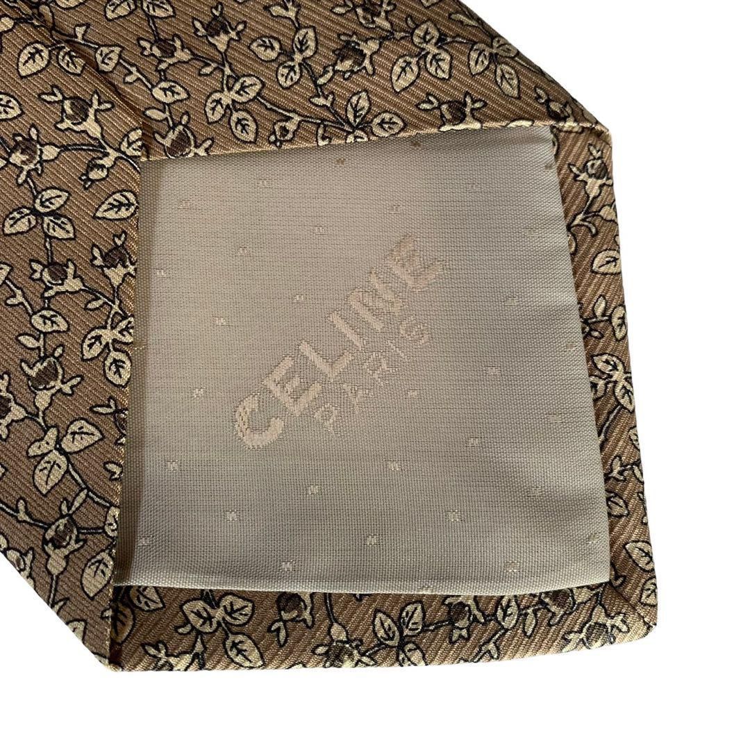 CELINE セリーヌ ネクタイ 茶色 葉 総柄 シルク スペイン製 美品 CELINE セリーヌ ネクタイ 茶色 葉 総柄 シルク スペイン製 美品