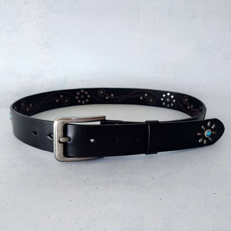 本革 牛革 フラワー スタッズベルト オリジナル アメカジ レザーベルト ターコイズ ウエスタン ブラック COW LEATHER Flower Studs belt Original TRQ BLK