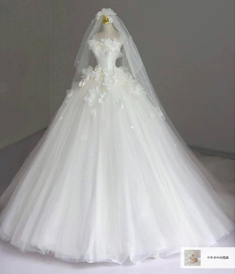 ♥ 花柄ドレス チューブトップウェディングドレス 結婚式前撮り メインベール高品質