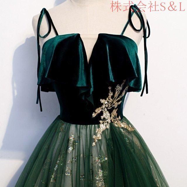 ロングドレス 演奏会 ベロア ベルベット イブニングドレス 緑 グリーン