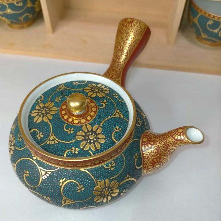 新品未使用】中田龍山 十碗煎茶器揃 青粒唐草 九谷焼 高堂錦手 花詰 