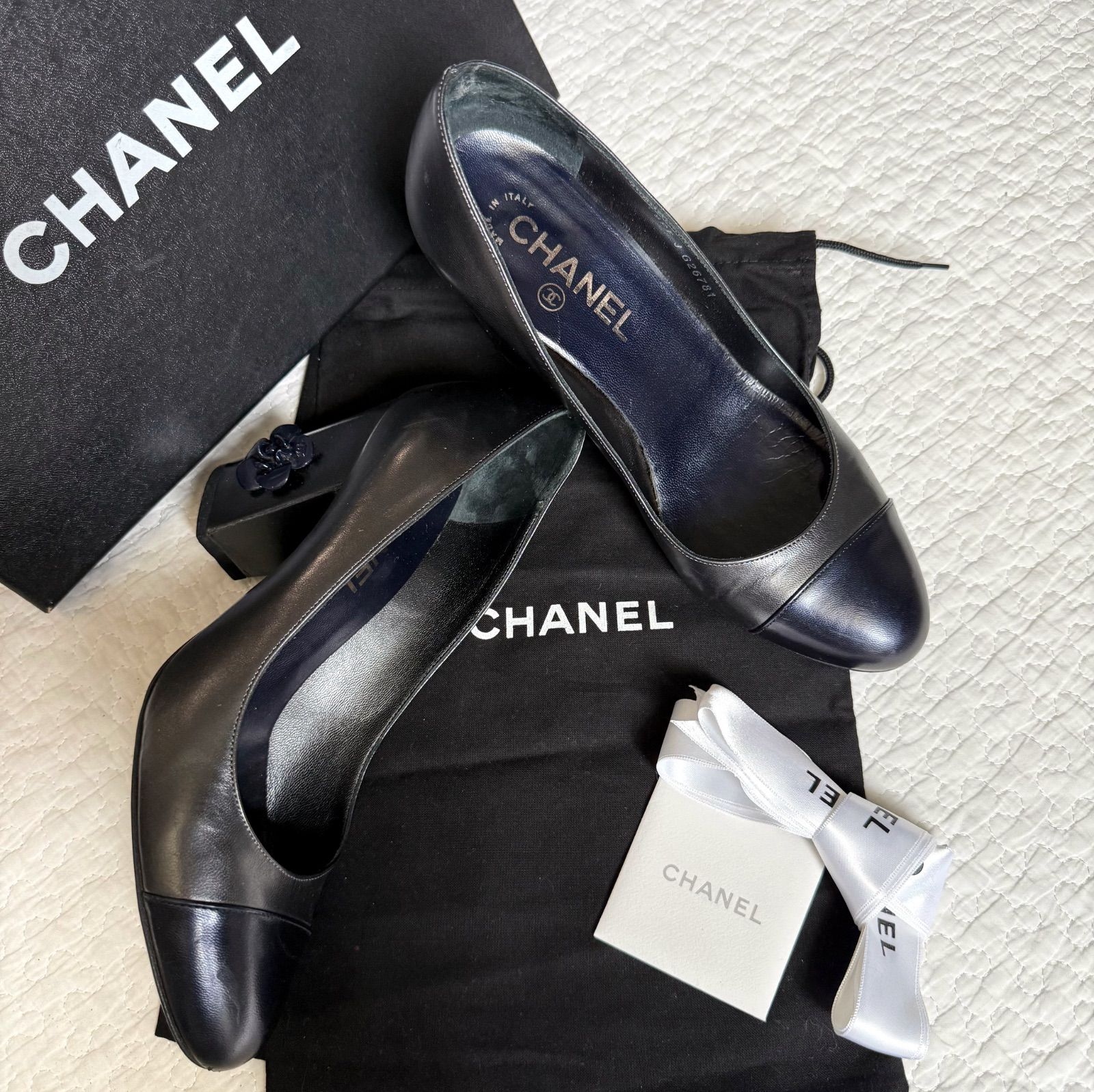 CHANEL シャネル カメリア ココマーク レザー パンプス ブラック