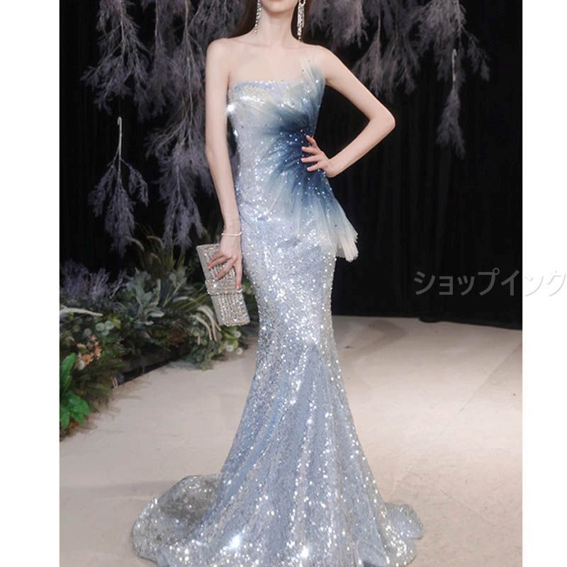 イブニングドレス ノースリーブ オフショルダー ロングドレス シルバー スパンコール キラキラ キレイめ 発表会ドレス ブルーフリル マーメイドライン 演奏会ドレス パーティードレス