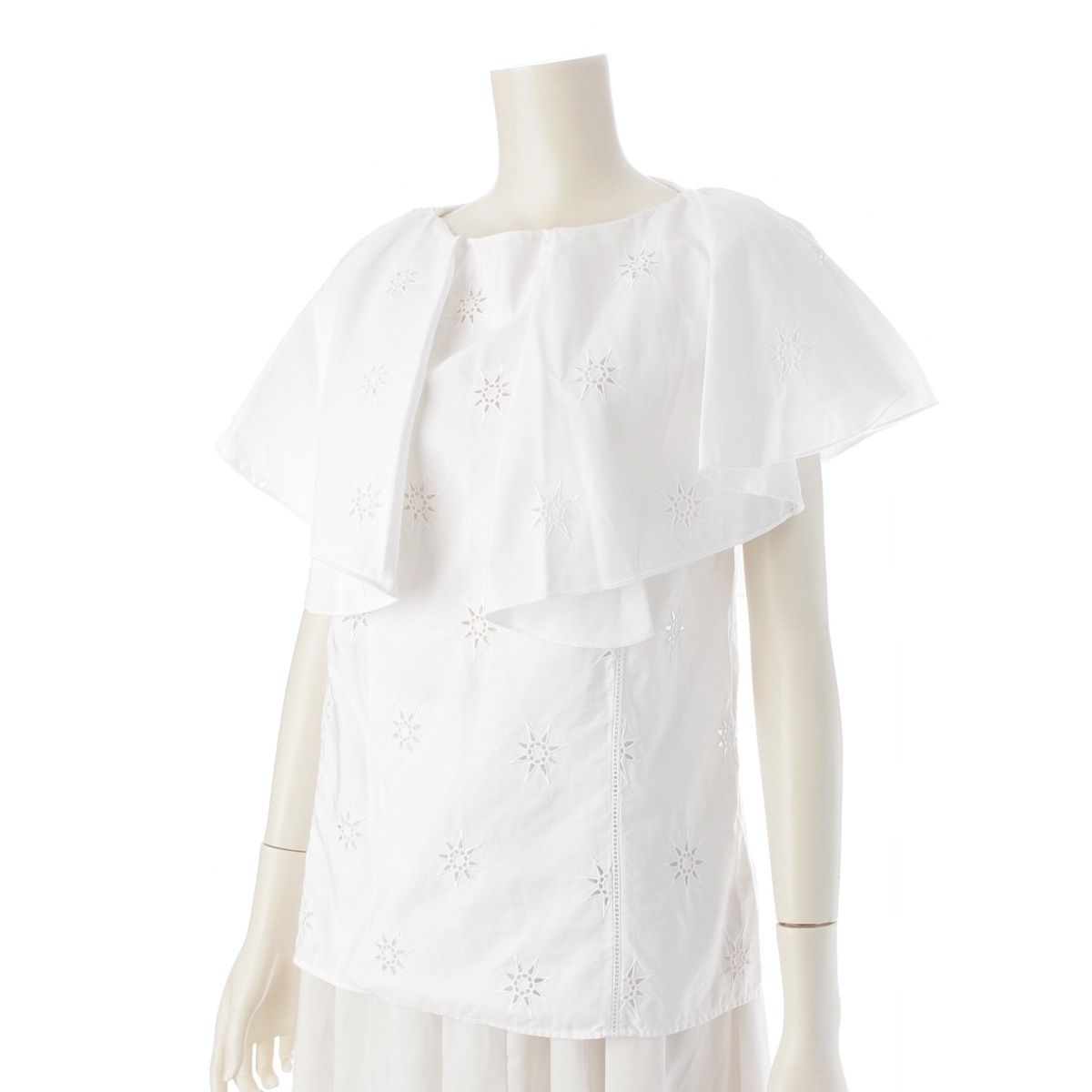 クロエ 23年 ラッフル アングレーズ イギリス刺繍 ブラウス 半袖 トップス ホワイト 36