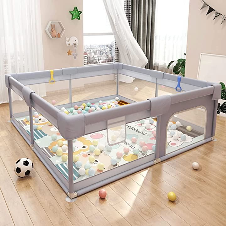 xinxin-home ベビーサークル 折りたたみ ベビー用品 安全柵 滑り止め 室内外対応 扉付き 吊り輪付き グレー 敷くマット 150x180cm