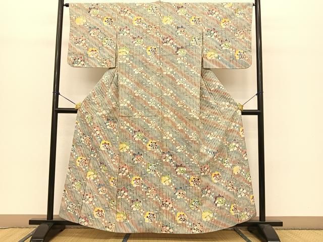 平和屋着物●訪問着 紬地 型染め 桜楓文 正絹 BAAT0823yc