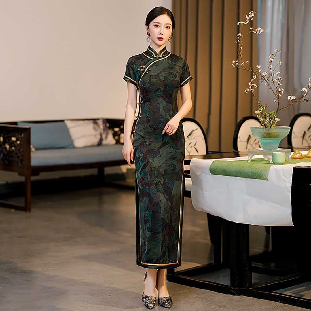 在庫限り チャイナドレス 深緑 チャイナ服 チャイナワンピース 春 マキシ 花柄 半袖 エレガント 上品 中華風 オリエンタル エスニック 民族 お呼ばれ パーティー ハロウィン イベント 衣装 撮影 文化祭 学園祭 舞台演出服 春 夏 緑 ファッション WWW_WOWDIGSITE_COM
