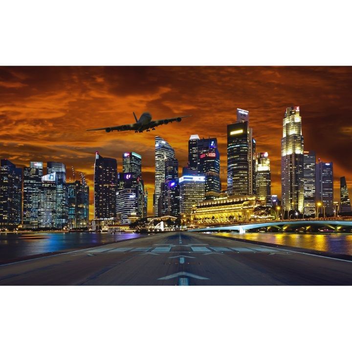 絵画風 壁紙ポスター (はがせるシール式) シンガポール 夕焼け 飛行機 滑走路 夜景 キャラクロ SGP-005W1 (ワイド版 921mm×576mm) ＜日本製＞ ウォールステッカー お風呂ポスター