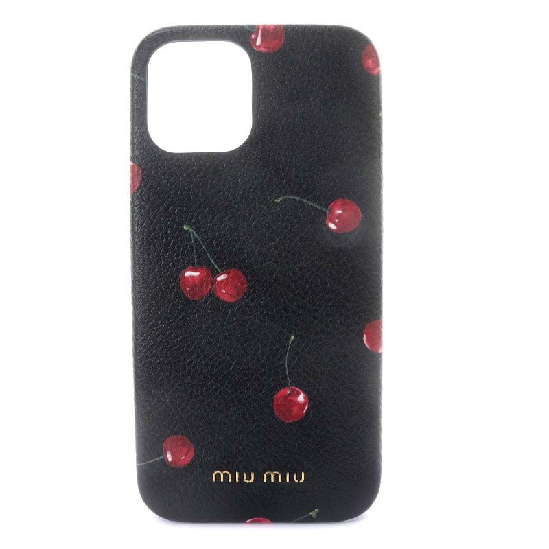 ミュウミュウ miumiu MADRAS iphone12proMAX用 アイフォンケース チェリー柄 ゴートレザー 黒 ブラック 5ZH130  /YO9 ■OH