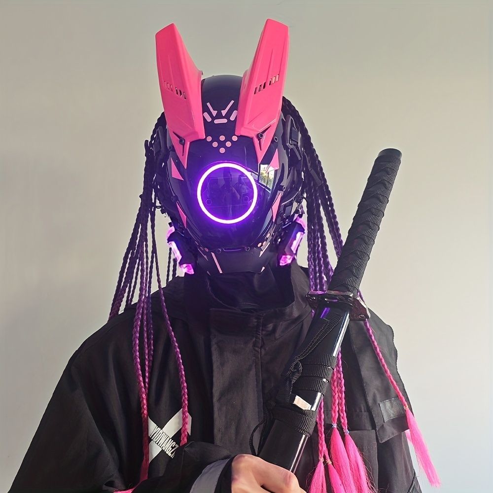 サイバーパンク 未来的 未来的 ゴシック マスク ヘルメット 大人用 男女兼用 お面 ハロウィーン ハロウィン 仮装 イベント コスプレ 衣装 プラスチック コスチューム 白 ピンク 2 ゴシックマスク LEDライト