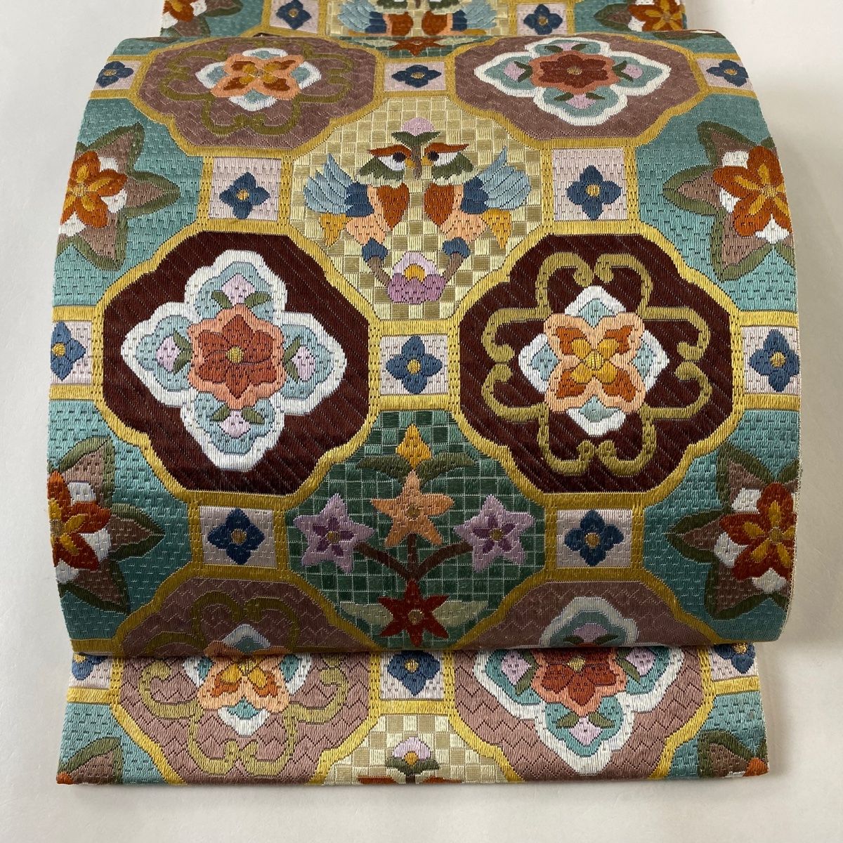 袋帯 向かい鳥に華柄模様 金銀糸 海老茶色 フォーマル O-4159 袋帯 美品 名品 本金箔 華文 向かい鳥 金糸 箔 金色 六通 正絹