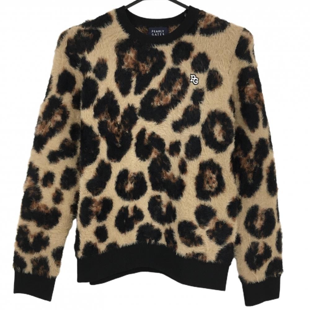 パーリーゲイツ セーター ライトブラウン×黒 レオパード柄 ファー ロゴ刺しゅう レディース 0 S ゴルフウェア PEARLY GATES