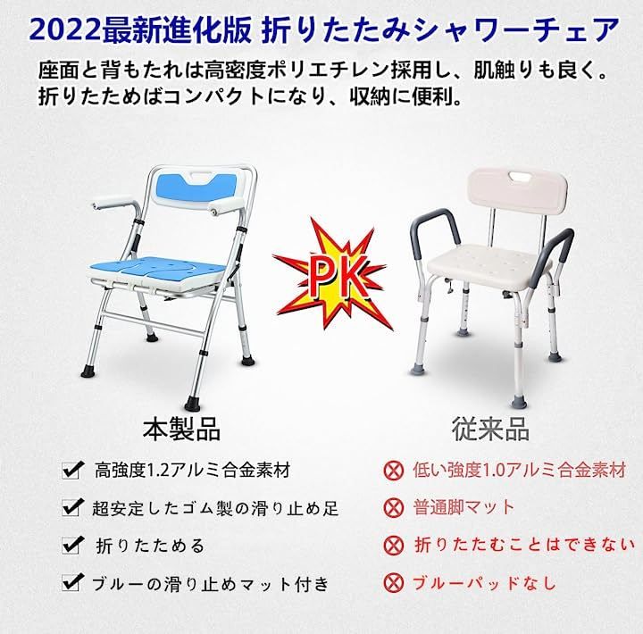 Ayutong 折りたたみシャワーチェア2025登場お風呂椅子バスチェア 4段階高さ調節 耐荷重150 KG 日本語説明書付き 白 青い 70 x 54 17